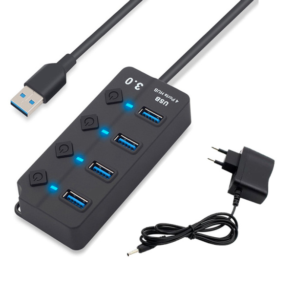 Хаб - концентратор USB3.0 - 4х USB3.0, MOD01 вертикальный с кнопками, активный, черный