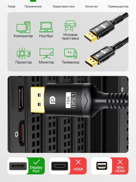 Кабель DisplayPort - DisplayPort v2.1 16K30Hz / 8K60Hz / 4K240Hz, 80Gps, 12bit, папа-папа, 2 метра, в оплетке, черный