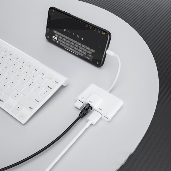 Адаптер - переходник Lightning на HDMI 1080p - LAN (RJ45 до 1000Мбит/с) - USB3.0 - Lightning (уценка)