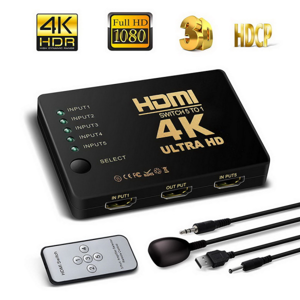 Адаптер - переключатель - свитч 5×1 HDMI, UltraHD 4K 3D, пульт, внешний ИК-датчик, активный, черный