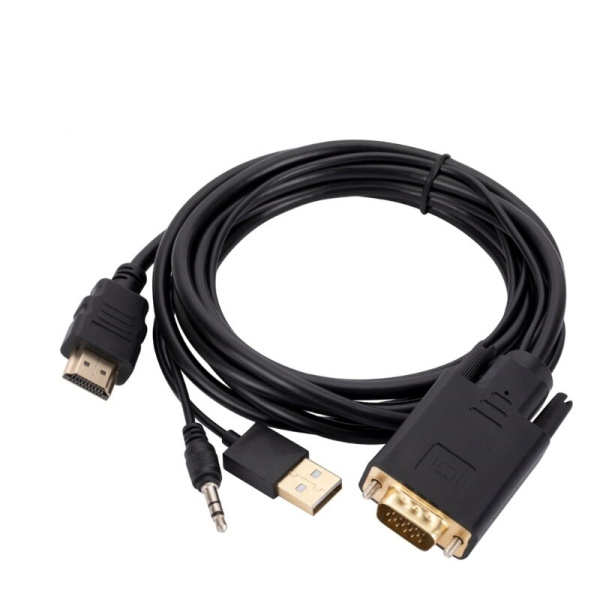 Кабель HDMI - VGA - jack 3.5mm (AUX) - USB, FullHD 1080p, 1,8 метра, черный