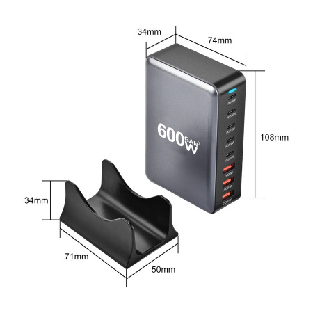 Настольное зарядное устройство - зарядная станция на 8 портов 600W USB-C / USB mod. 1006P200WB, быстрая зарядка, пластик, черный