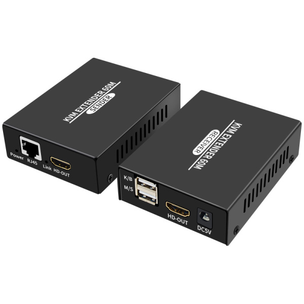 KVM-удлинитель HDMI USB по витой паре RJ45 UTP (LAN) POE до 60 метров, FullHD 1080p, комплект, черный