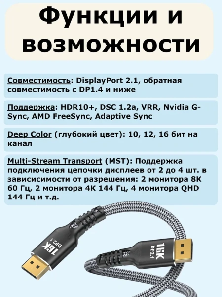 Кабель DisplayPort - DisplayPort v2.1 16K30Hz / 8K60Hz / 4K240Hz, 80Gps, 12 бит, папа-папа, 1 метр, в оплетке, серый