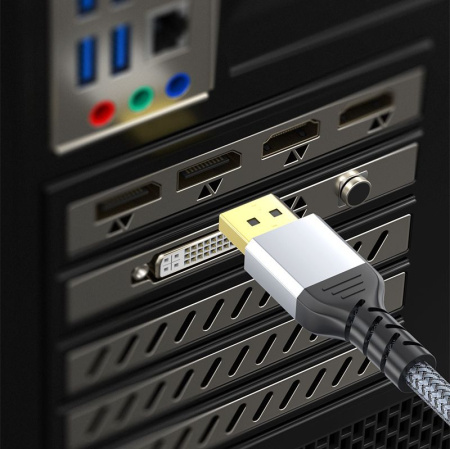 Кабель DisplayPort v1.4 (DP1.4) - 8K 60Гц / 4K 144Гц / 2K 165Гц, поддержка HDR, 32.4 Гбит/с, 2 метра, в оплетке, серый