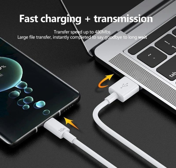 Зарядный USB дата-кабель Type-C для сверхбыстрой зарядки, 10A, 1 метр, белый