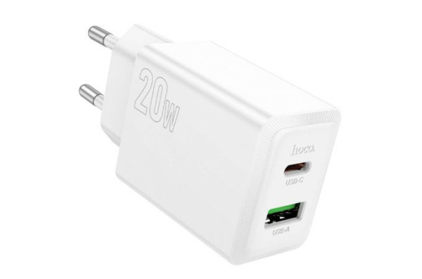 Зарядное устройство сетевое - блок питания HOCO N69, USB Type-C PD20W + USB QC3.0, белый