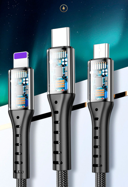 Универсальный зарядный кабель 3-в-1 USB Type-C - Lightning - MicroUSB, 5А, 1.2 метра, черный