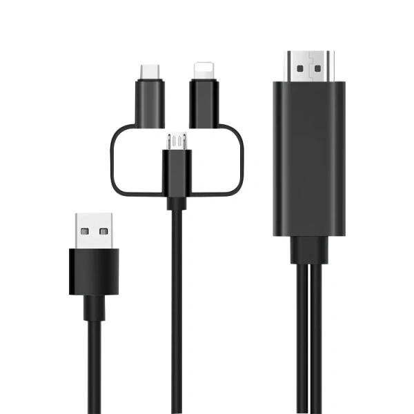 Кабель HDMI - MicroUSB - USB3.1 Type-C - Lightning для подключения смартфона к телевизору, 1,8 метра, черный