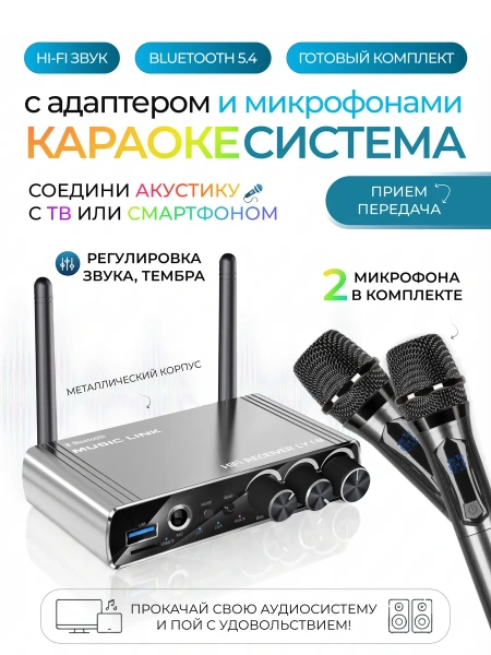 Караоке-система Аудио адаптер Hi-Fi LY18, беспроводной микрофон DM-682, комплект: 2 микрофона + приемник