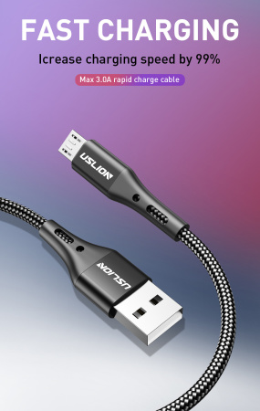 Зарядный USB дата кабель USLION MicroUSB для быстрой зарядки, 2.4A, 2м, черный