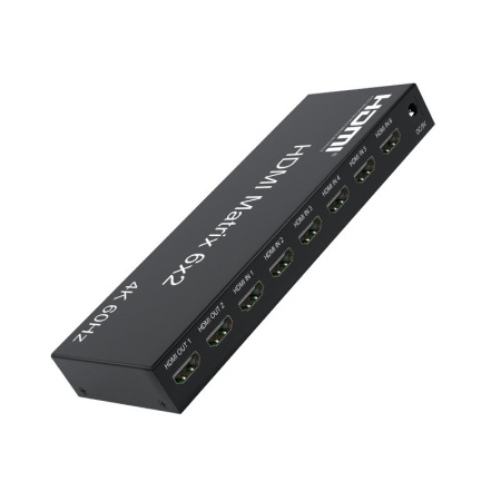 Матричный коммутатор - свитч-сплиттер 6×2 HDMI PRO, 4K 60HZ, оптика (Toslink/SPDIF), jack 3.5mm (AUX), EDID, пульт, черный