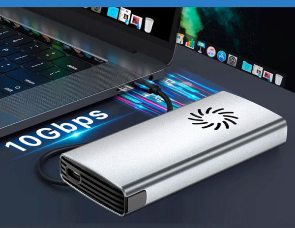 Внешний корпус - бокс для жесткого диска SSD M.2 NVMe 9210 - USB-C/USB-A с активным охлаждением, 10Gbps, алюминий, серебро