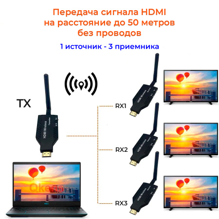 Удлинитель сигнала HDMI по Wi-Fi до 50 метров, активный, FullHD 1080p, комплект 1 передатчик + 3 приемника, черный