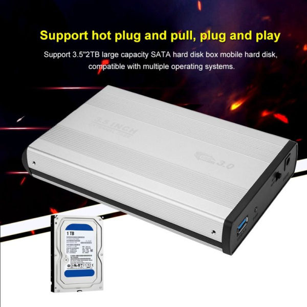 Внешний корпус - бокс SATA - USB3.0 для жесткого диска SSD/HDD 3.5”, алюминий, серебро