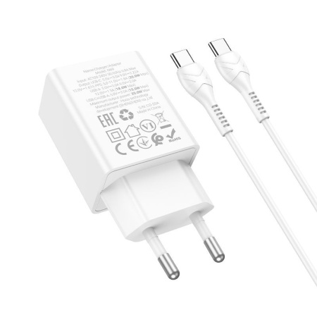 Зарядное устройство сетевое - блок питания HOCO N69 с кабелем, USB Type-C PD20W + USB QC3.0, белый