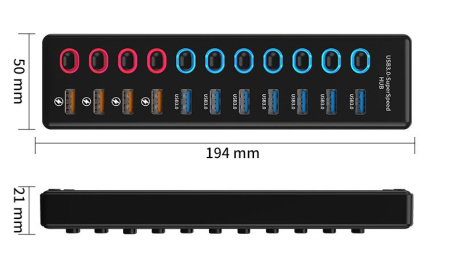 Хаб - концентратор USB3.0 11 портов mod. 611-10/1, до 5 Гбит/с, активный 12V с кнопками, быстрая зарядка, ABS-пластик