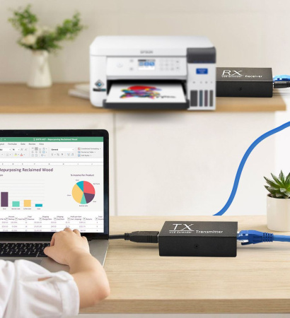 Адаптер - USB удлинитель по сетевому кабелю RJ45 до 200 метров для клавиатуры, мышки, камеры, принтера, комплект, черный