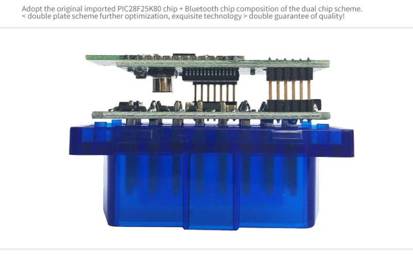 Автосканер ELM327 OBD2 v1.5 двухплатный с оригинальным чипом PIC18F25K80 - aдаптер OBDII ver1.5, Bluetooth v5.1, синий