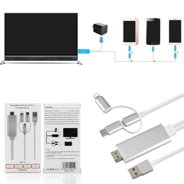 Кабель HDMI - MicroUSB - USB3.1 Type-C - Lightning для подключения смартфона к телевизору, 1,8 метра