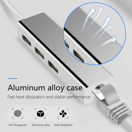 Адаптер - переходник - хаб USB3.1 Type-C на 3x USB3.0 - RJ45 (LAN) до 1000 Мбит/с, серебро