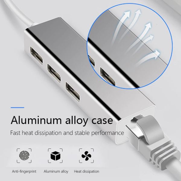 Адаптер - переходник - хаб USB3.1 Type-C на 3x USB3.0 - RJ45 (LAN) до 1000 Мбит/с, серебро