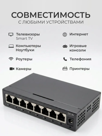 Сетевой свитч – LAN разветвитель – хаб RJ45 на 8 портов, 10/100 Мбит/с, металлический корпус, черный