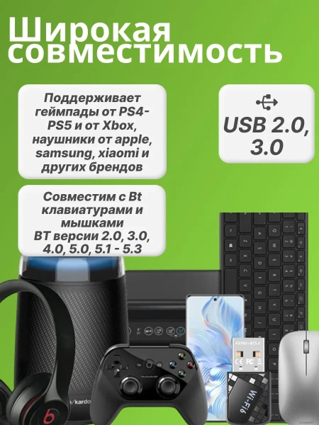 Адаптер USB Wi-Fi6 900 Мбит/с + Bluetooth 5.4 (Free Driver), LED-подсветка