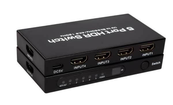 Адаптер - переключатель - свитч 5×1 HDMI 2.1 UltraHD 8K 60Гц, HDCP 2.3, пульт ДУ, активный, черный