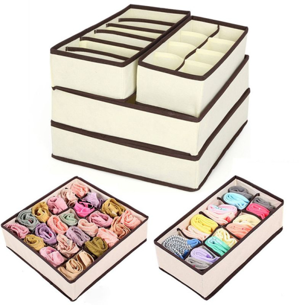 Органайзер для шкафа или комода - коробки для хранения одежды (нижнего белья, вещей), набор 4 предмета, бежевый