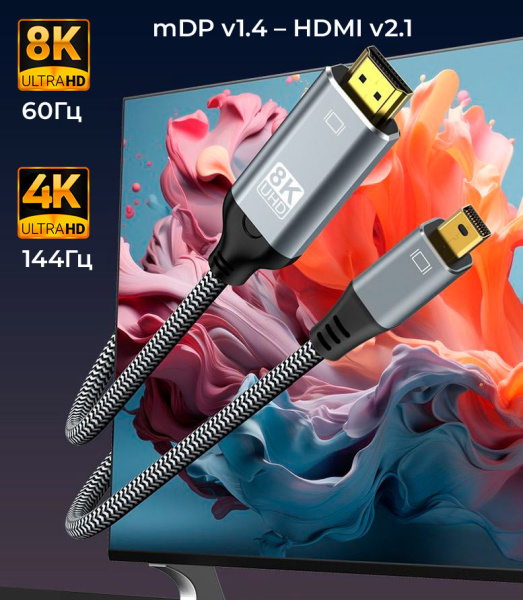 Кабель Mini DisplayPort v1.4 (mDP1.4) – HDMI v2.1 – 8K 60Гц / 4K 144Гц / 2K 240Гц, HDR, 32.4 Гбит/с, 12 бит, алюминий, оплетка, двойное экранирование, 2 метра