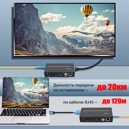 KVM-удлинитель HDMI USB по витой паре RJ45 до 120м / оптическому кабелю SC до 20км, комплект, черный