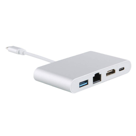 Адаптер - переходник - хаб 4in1 USB3.1 Type-C на HDMI - USB3.0 - USB3.1 Type-C - RJ45 (LAN) до 100 Мбит/с, серебро