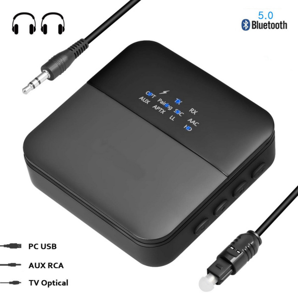 Универсальный аудио адаптер RX/TX Bluetooth v5.0 - оптика (Toslink/SPDIF) - jack 3.5mm (AUX), черный