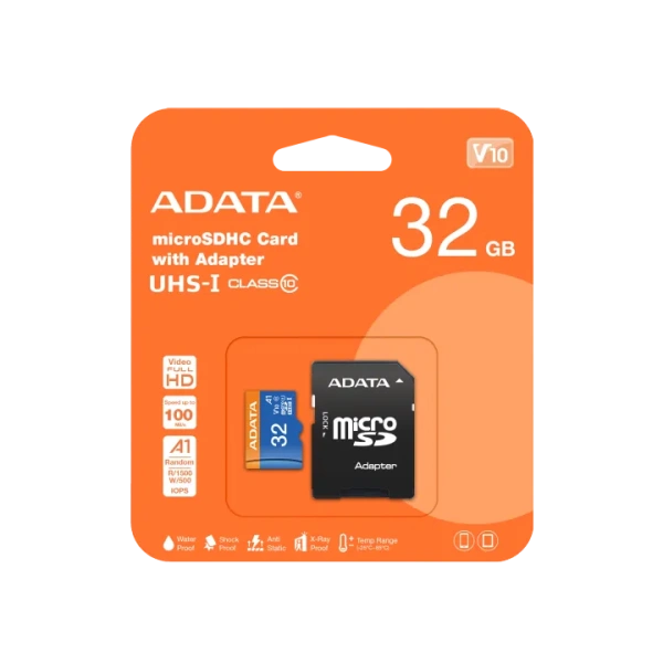 Карта памяти MicroSDHC 32Gb ADATA (W/ADAP.AUSDH32GUICL10A1-RA1), класс 10, SD-адаптер