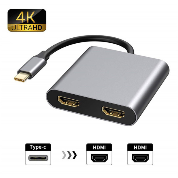 Адаптер - переходник USB3.1 Type-C - 2х HDMI - USB3.0 - USB3.1 Type-C, серый
