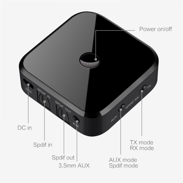 Универсальный аудио адаптер RX/TX Bluetooth v5.0 - оптика (Toslink/SPDIF) - jack 3.5mm (AUX), TX16, черный