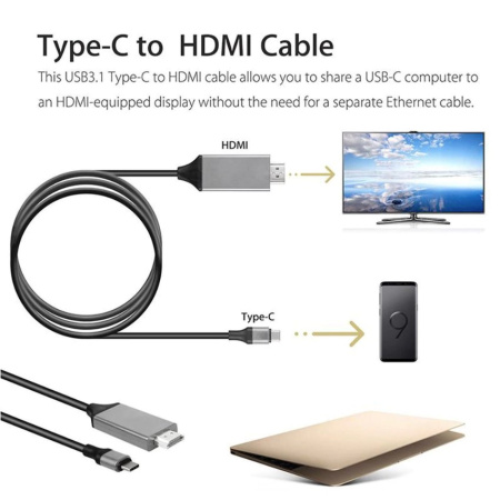 Кабель USB3.1 Type-C - HDMI, UltraHD 4K, 2 метра, черный
