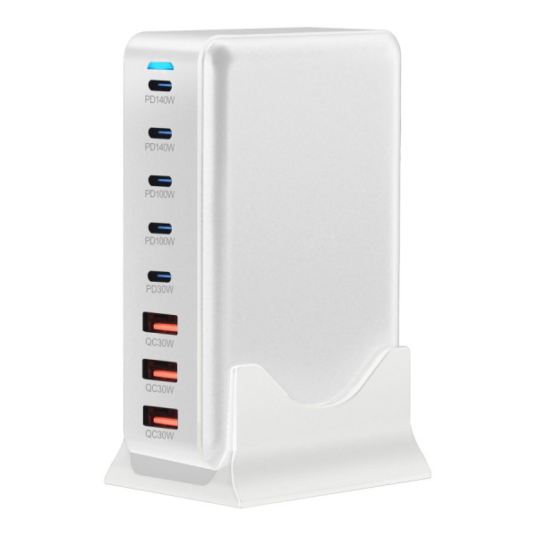 Настольное зарядное устройство - зарядная станция на 8 портов 600W USB-C / USB mod. 1006P200WW, быстрая зарядка, пластик, белый