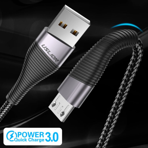 Зарядный USB дата кабель USLION DESIGN MicroUSB для быстрой зарядки, 2.4A, 1м, черный