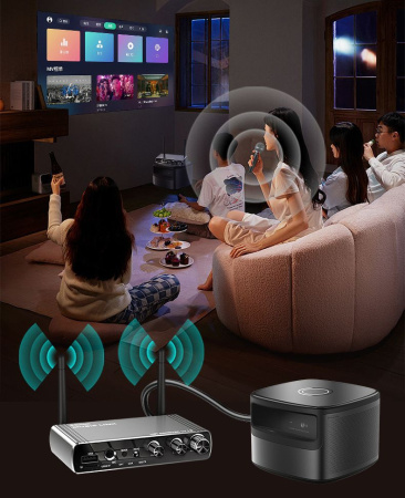 Аудио адаптер Hi-Fi LY18 Bluetooth v5.4 (TX/RX) / оптика (Toslink/SPDIF) / AUX 3.5мм / RCA / USB / картридер TF / функция караоке (MIC 6,35мм), регулировка звука и тембра, пульт ДУ