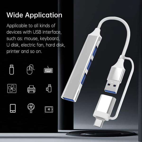 Адаптер - хаб USB3.1 Type-C/USB3.0 Type-A на USB3.0 - 3x USB2.0, серебро