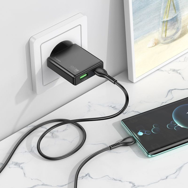 Зарядное устройство сетевое - блок питания HOCO N38, USB Type-C PD20W + USB QC3.0, черный