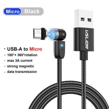 Поворотный зарядный магнитный USB кабель USLION, 1м, черный