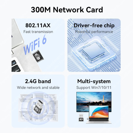 Адаптер WIFI 6 - беспроводной Wi-Fi-приемник USB2.0, до 300 Мбит/с, 2.4GHz (Free Driver)