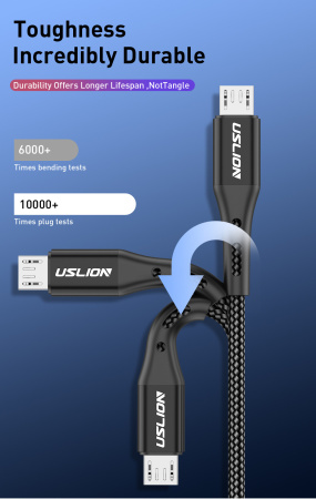 Зарядный USB дата кабель USLION MicroUSB для быстрой зарядки, 2.4A, 1м, черный