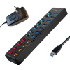 Хаб - концентратор USB3.0 11 портов mod. 611-10/1, до 5 Гбит/с, активный 12V с кнопками, быстрая зарядка, ABS-пластик