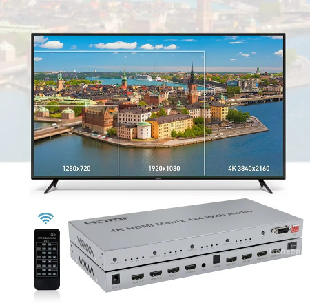 Матричный коммутатор - свитч-сплиттер 4×4 HDMI 4K60Гц PRO, jack 3.5mm, SPDIF/Toslink, RS232, EDID, пульт ДУ
