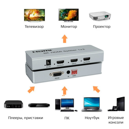 Cплиттер - разветвитель 1×2 HDMI UltraHD 8K 60Гц / 4K 120Гц, до 40 Гбит/c, поддержка HDCP2.3 / EDID / RS232
