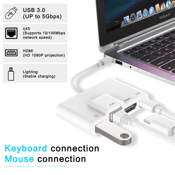 Адаптер - переходник Lightning на HDMI 1080p - LAN (RJ45 до 1000Мбит/с) - USB3.0 - Lightning (уценка)